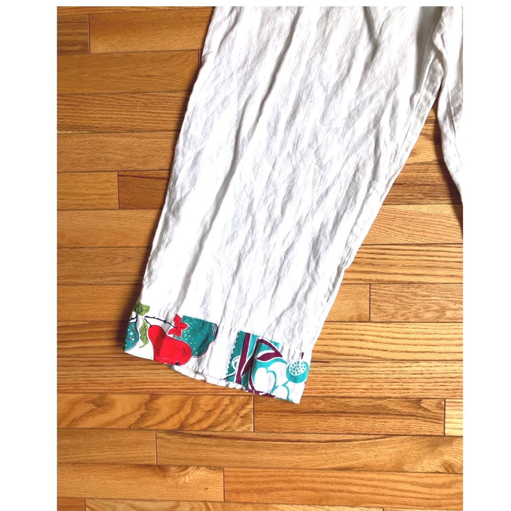 Home Frocks White 100% Linen Wide Leg Crop Pants L Floral Patchwork Trim - Picture 2 of 11